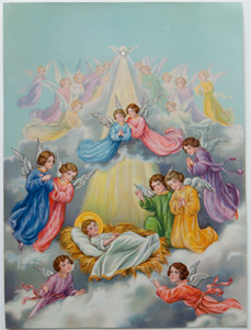 Jesus in manger surrounded by angels